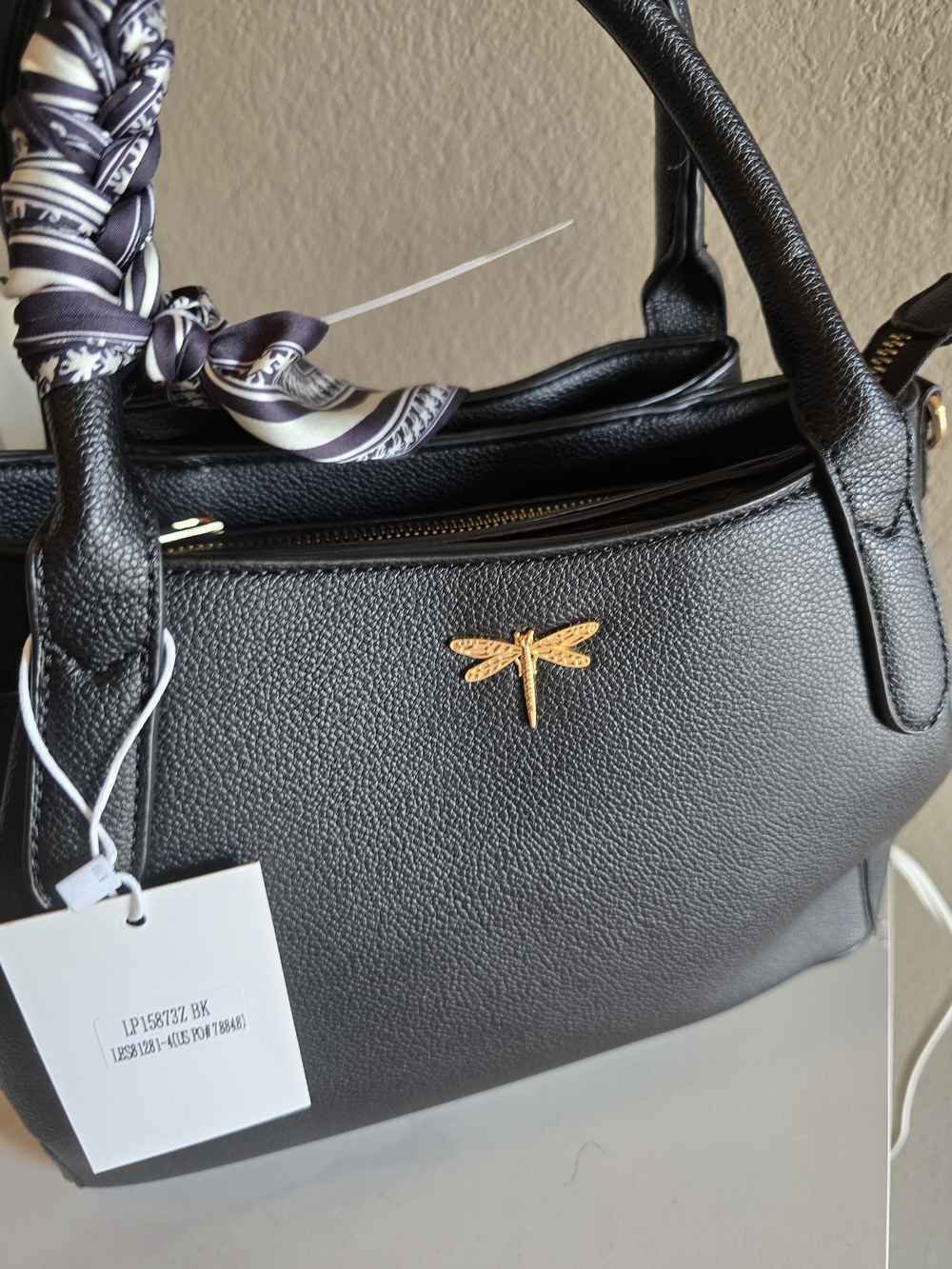 Black Structured Shoulder Bag with Gold Dragonfly Accent